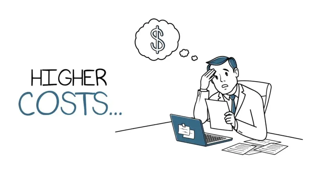 Illustration of a concerned person holding a document, with a laptop on the desk and papers scattered, thinking about higher costs represented by a dollar sign in a thought bubble.