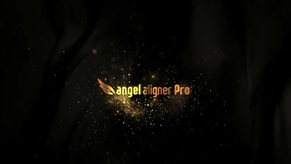 Angel aligner Pro" text in gold with a wing design on a dark background with sparkling gold particles.