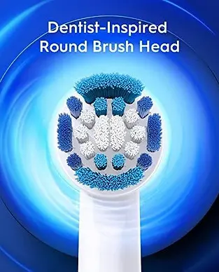 Round toothbrush head with multiple bristle types in blue and white, labeled "Dentist-Inspired Round Brush Head" against a blue background.