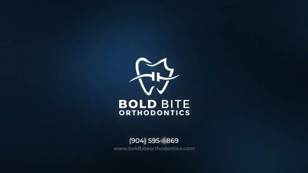Logo for Bold Bite Orthodontics featuring a stylized tooth and braces, with contact details: (904) 595-869 and website: www.orthodontistjacksonville.com. Navy blue background.