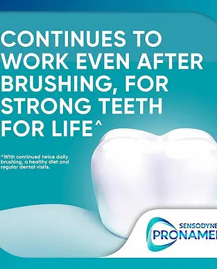 Advertisement for Sensodyne Pronamel toothpaste, showing a tooth graphic with text stating, "Continues to work even after brushing, for strong teeth for life.