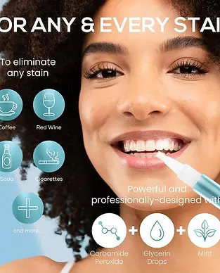 Close-up of a smiling person using a teeth whitening pen. Text highlights product's effectiveness against coffee, red wine, soda, and cigarette stains. The formula includes carbamide peroxide, glycerin drops, and mint.