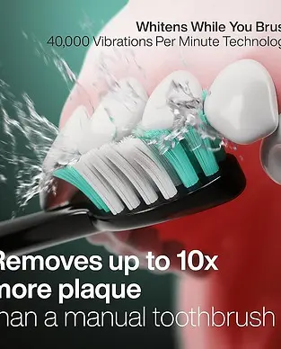 Close-up of an electric toothbrush head brushing teeth with water splashes. Text reads "Whitens While You Brush. 40,000 Vibrations Per Minute Technology. Removes up to 10x more plaque than a manual toothbrush.