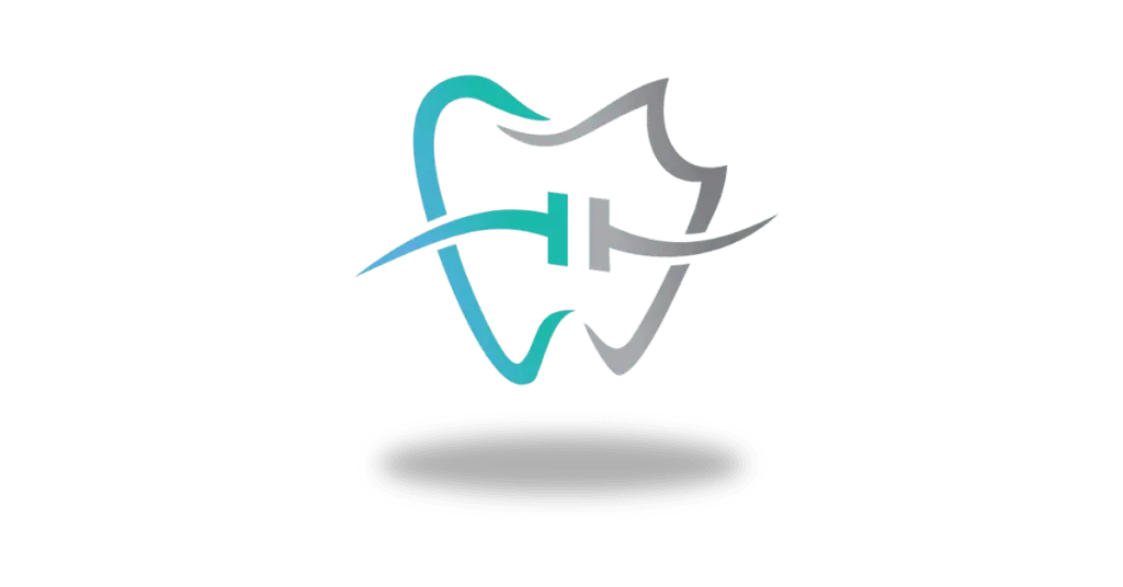 A stylized tooth illustration with a blue and gray outline, featuring an overlay of a toothbrush and the letter "H". The design has a shadow beneath it.