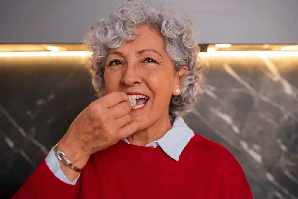 Orthodontic Insurance Plans: Older woman with curly gray hair and a red sweater holds a small item of food near her mouth, smiling, in front of a dark marble background in Jacksonville, FL.