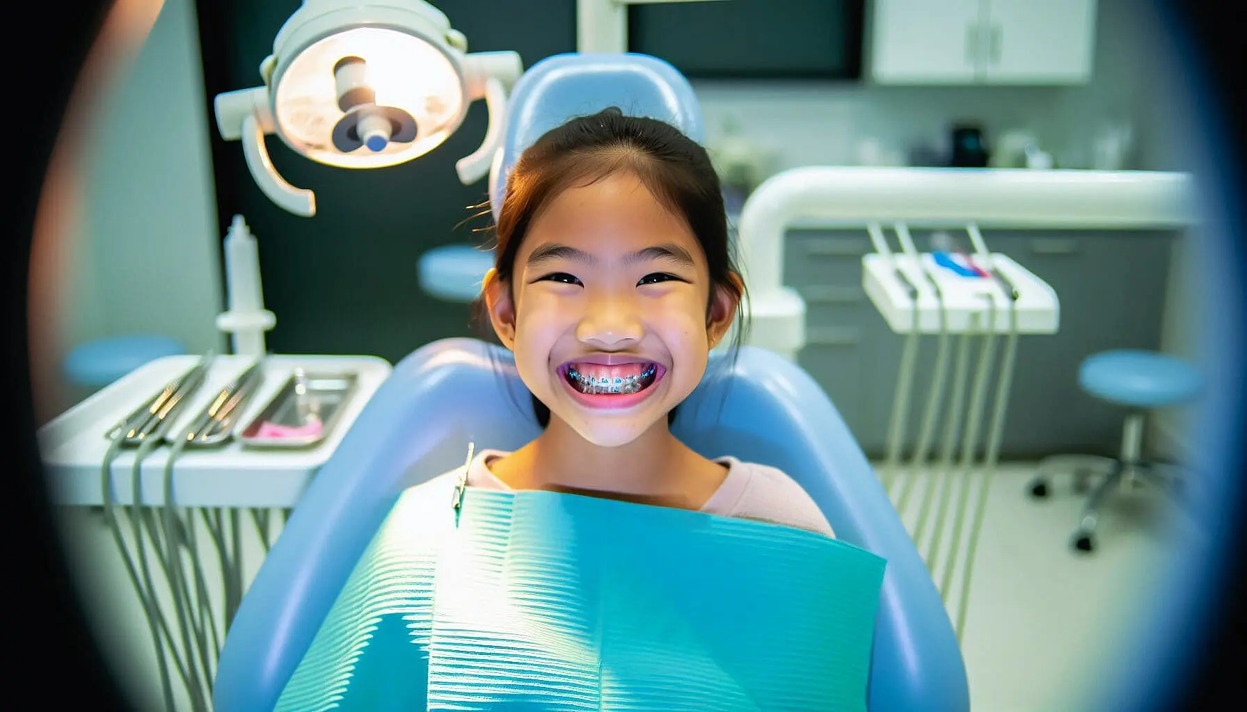 A smiling young girl with braces sits in a dental chair, surrounded by dental tools and equipment in a brightly lit clinic room, possibly highlighting affordable braces in Jacksonville, FL.