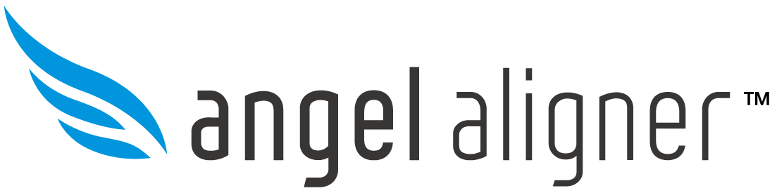 Angel Aligner logo featuring a blue stylized wing icon to the left of the words "angel aligner" in lowercase black letters.