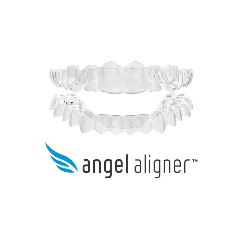 Above and below the "angel aligner" logoโwith its blue stylized wingโare two clear dental aligners, representing Bold Bite Orthodontics in Jacksonville, FL.