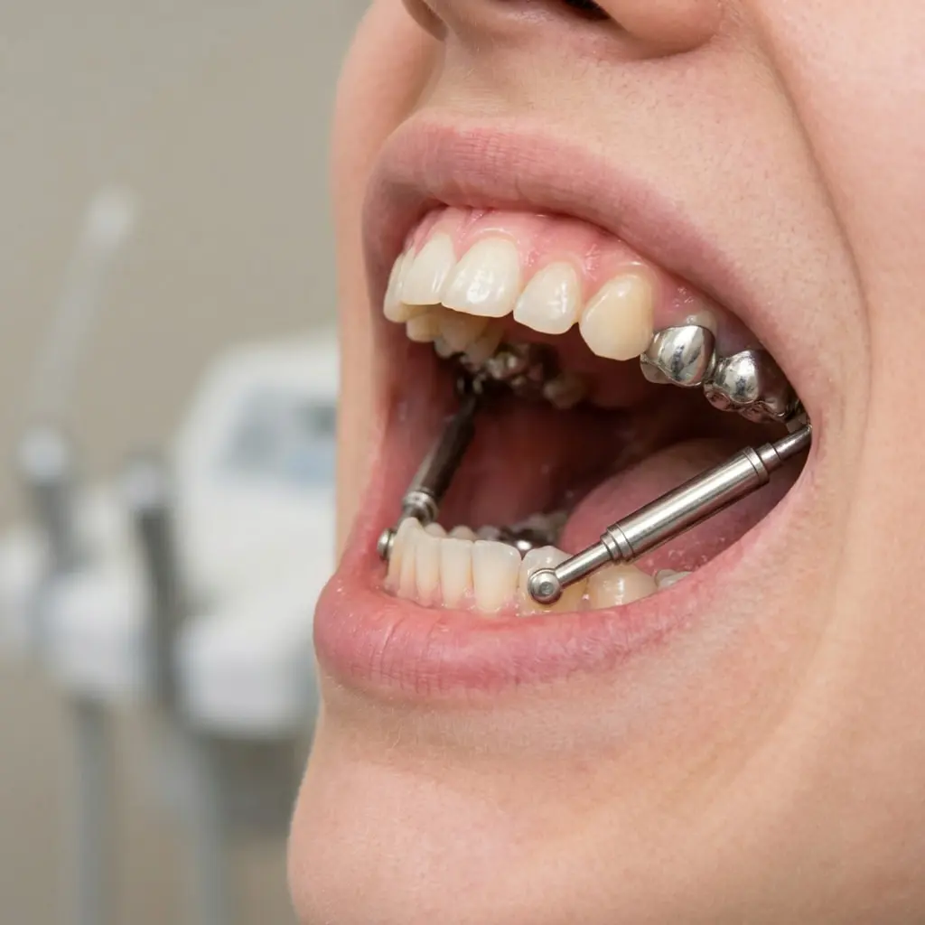 A close-up shows orthodontic braces and a jaw-aligning appliance at Bold Bite Orthodontics in Jacksonville, FL.