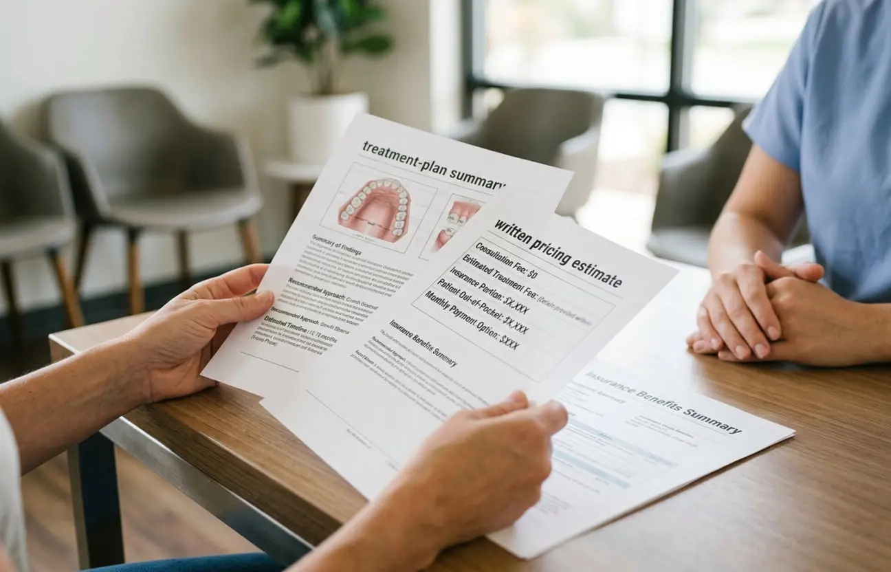 At Bold Bite Orthodontics in Jacksonville, FL, two people review a treatment plan, pricing estimate, and insurance summary at a table.