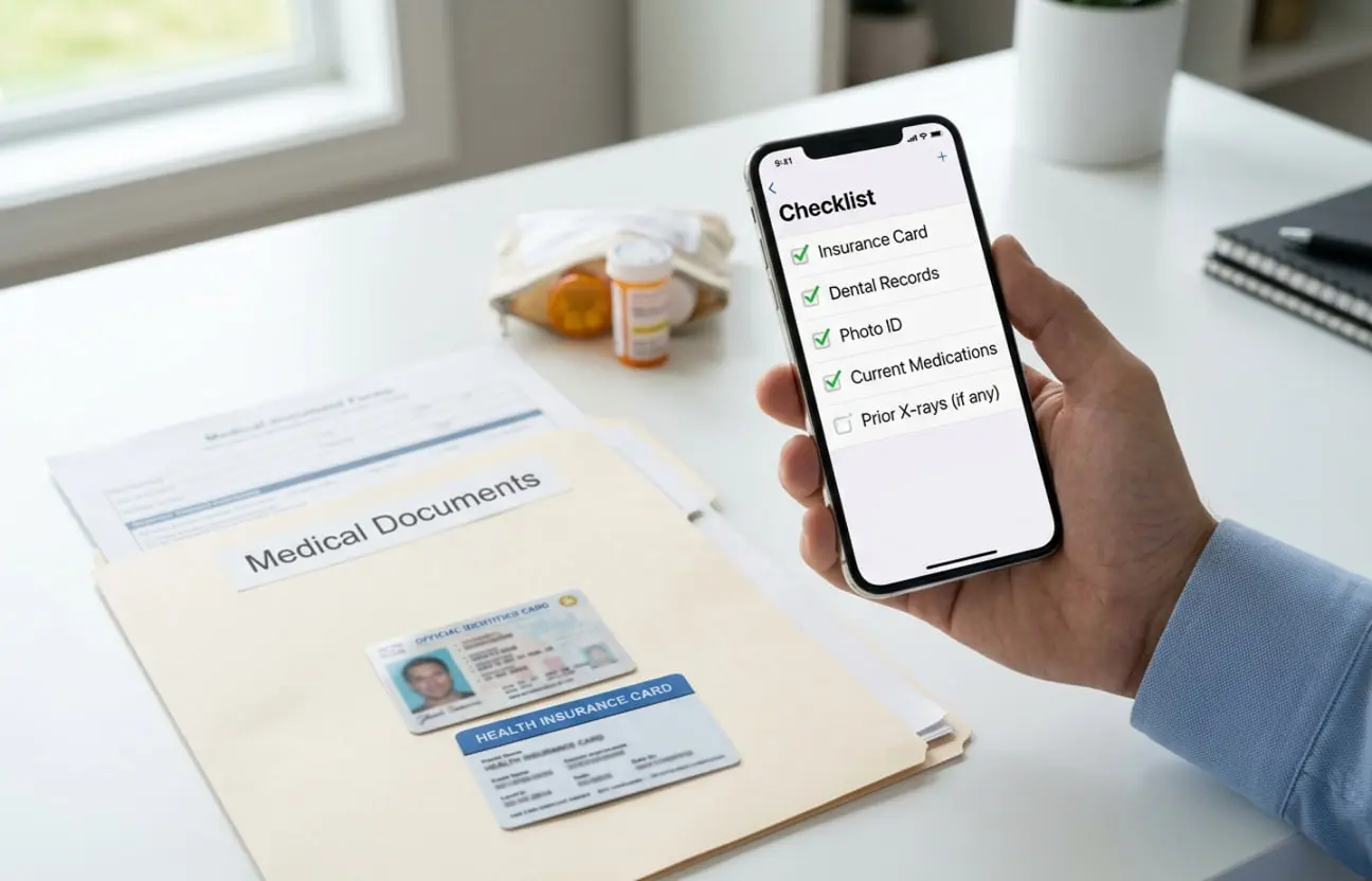 At Bold Bite Orthodontics in Jacksonville, FL, a person holds a smartphone with a medical checklist near documents and pill bottles.